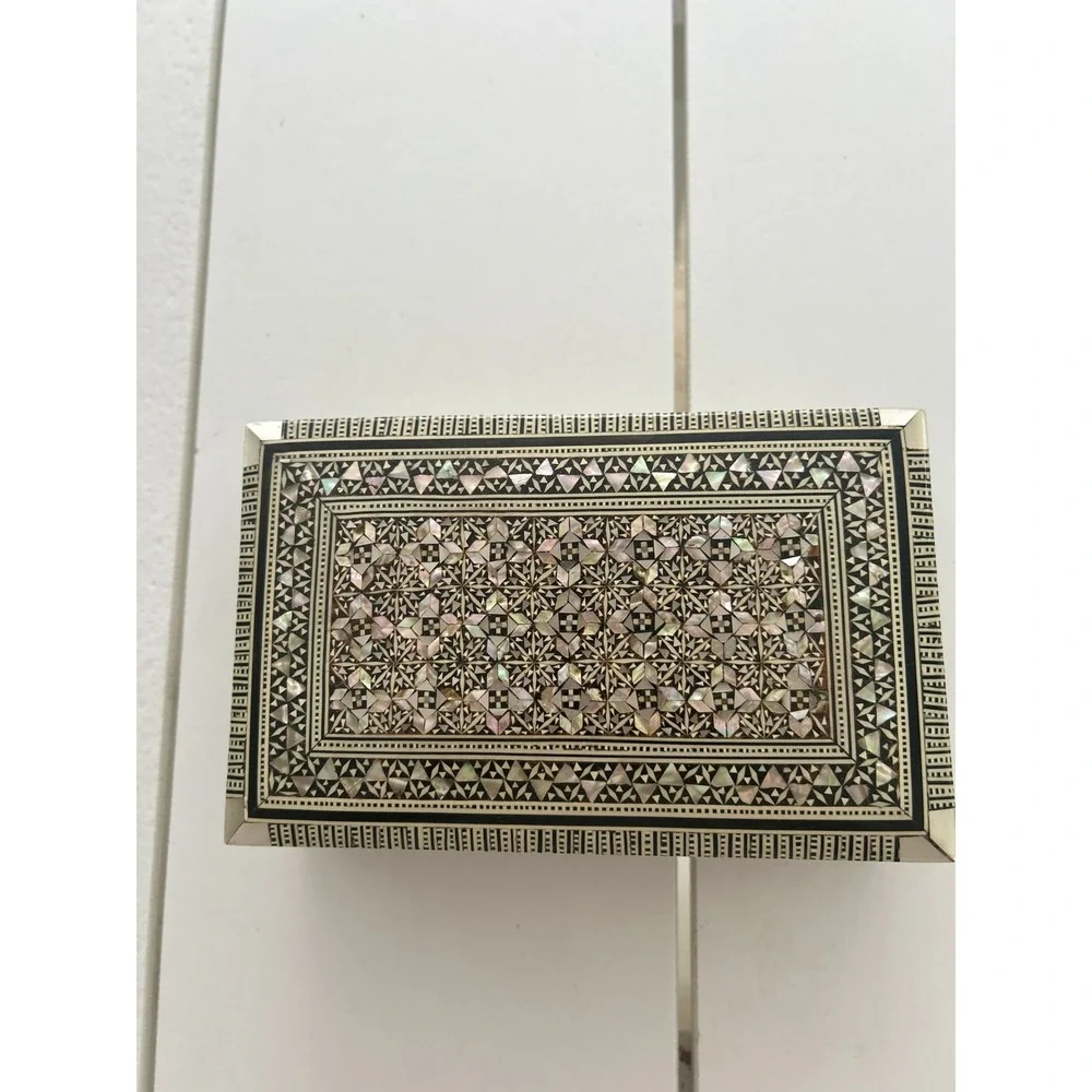 Vintage Marquetry Inlay Jewelry Box Mother of Pearl Bone Mosaic Trinket Box